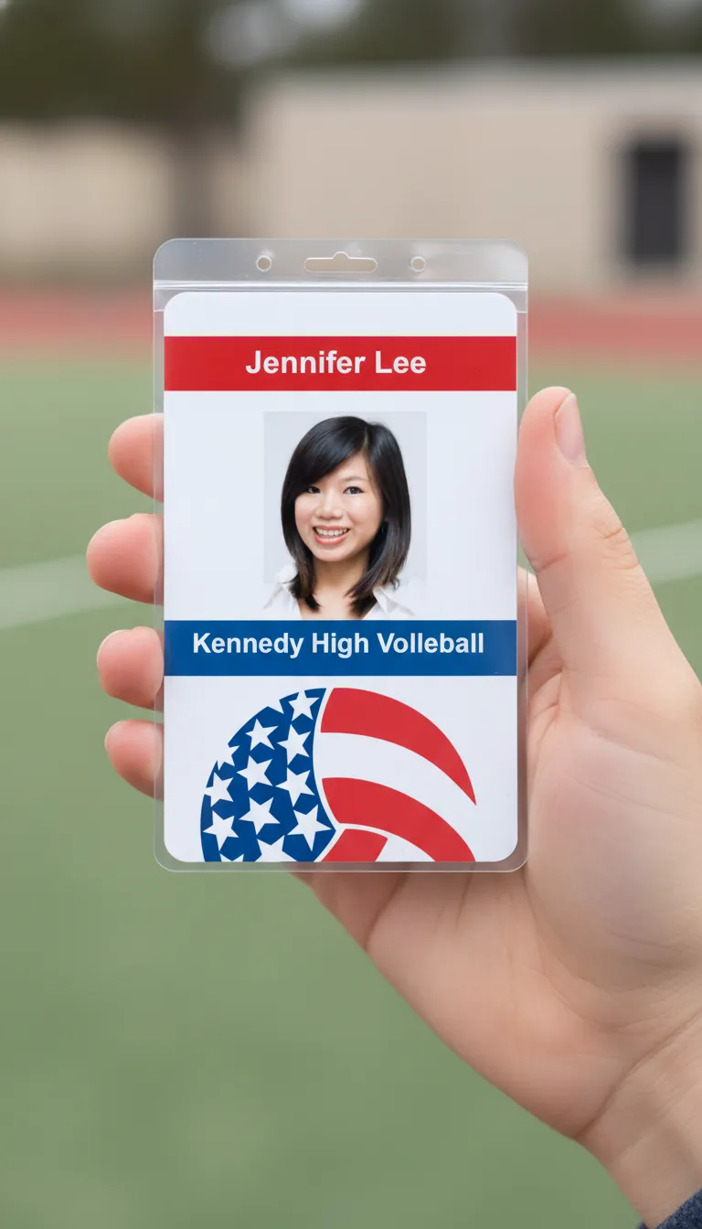 Custom volleyball team ID card with colorful design, featuring logo area, name, title, and barcode.