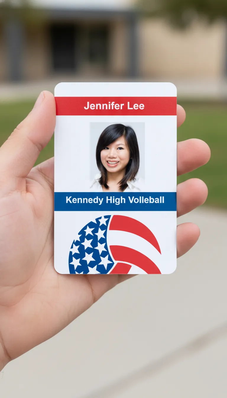 PVC volleyball team ID card template with  multicolor blocks, featuring text fields and logo area.