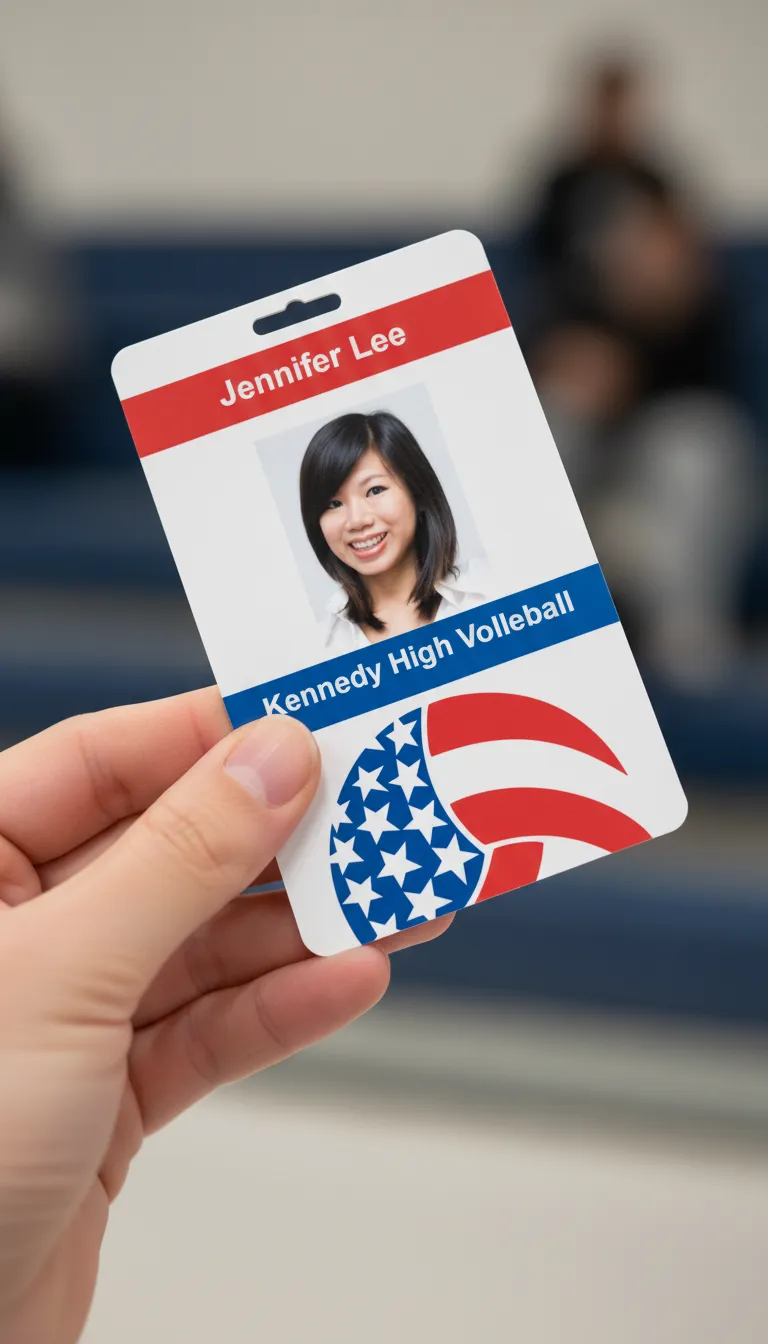 Volleyball team ID card with holographic overlay, blue and white design, featuring text fields and barcode.