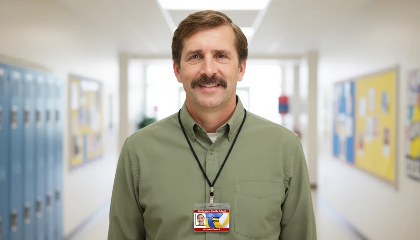 Custom volleyball team ID badge with brown and white design, featuring logo area, name, title, and barcode.