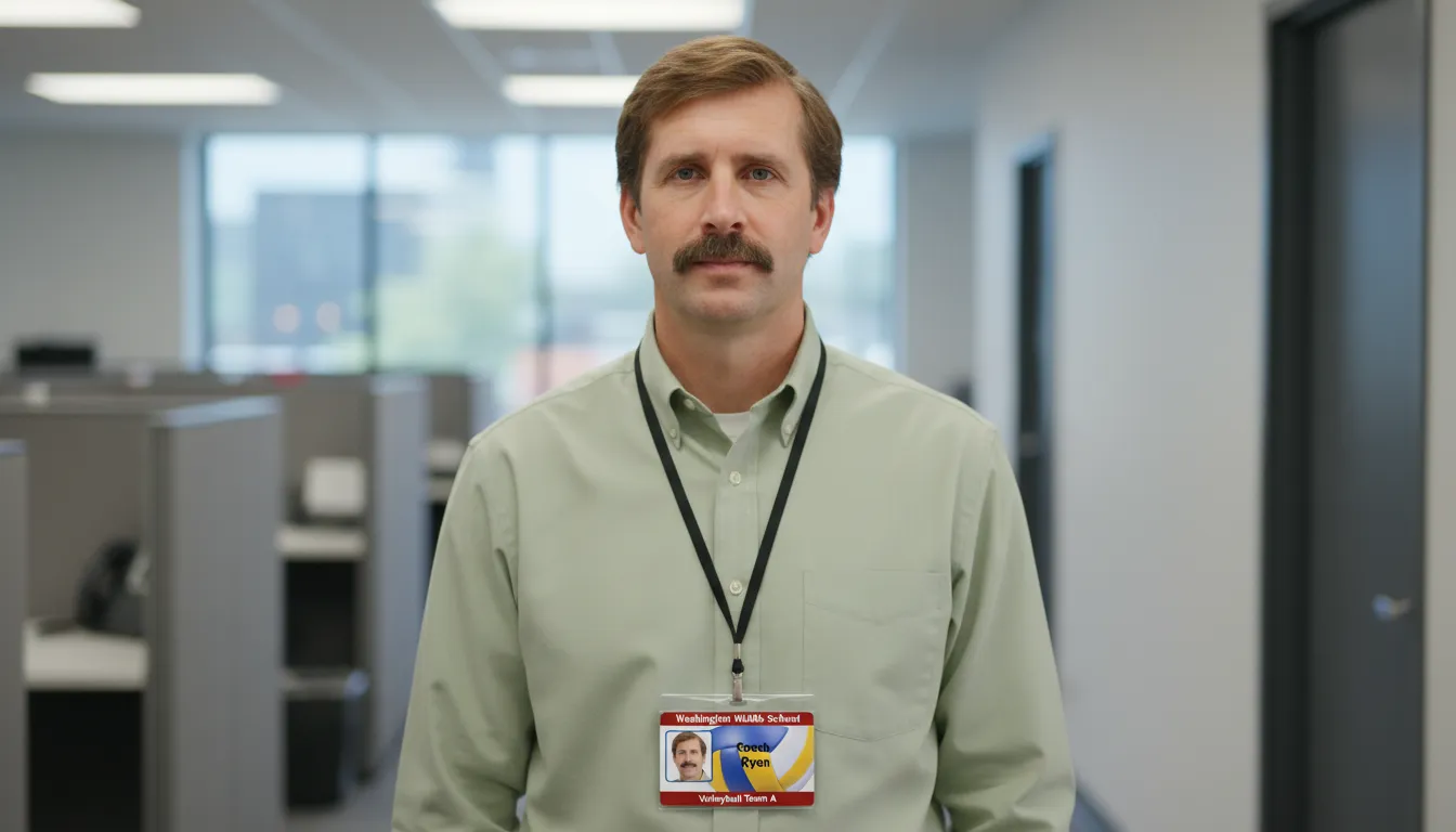 Professional volleyball team ID badge with brown and white design, featuring name, title, barcode, and company logo.