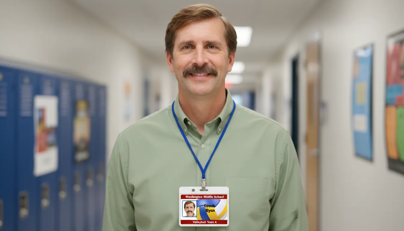 Professional volleyball team ID card with brown and white design, company logo, name, title, and barcode.