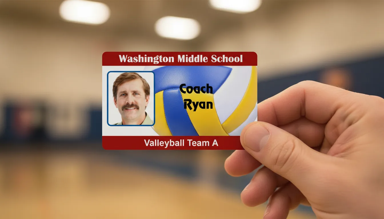 Professional volleyball team ID card with brown and white design, logo area, name, title, and barcode.