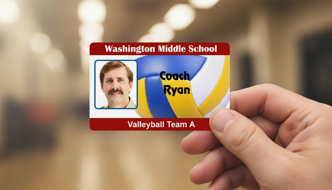 PVC volleyball team ID badge template with brown and white color blocks, featuring text fields and logo area.
