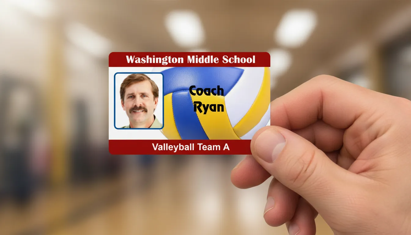 PVC volleyball team ID card template with brown and white color blocks, logo area, and text fields.