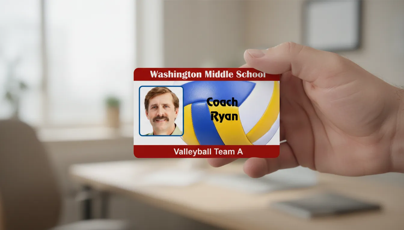 PVC volleyball team ID card template with brown and white design, featuring text fields and logo placeholder.