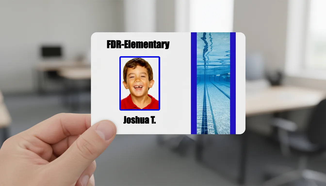 Blue and white  elementary school id card with holographic overlay, featuring text fields and photo area.