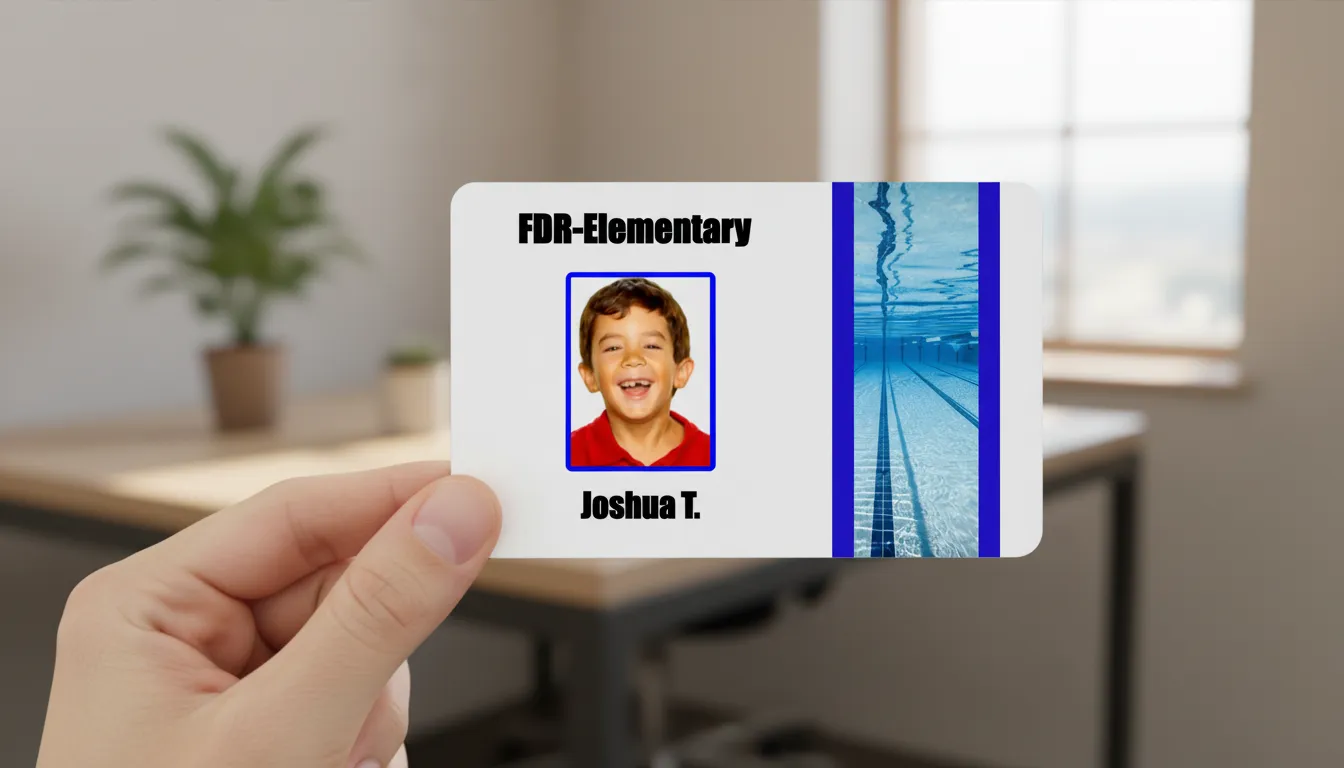 Blue and white elementary school id card with photo placeholder, name, title, barcode, and company logo.