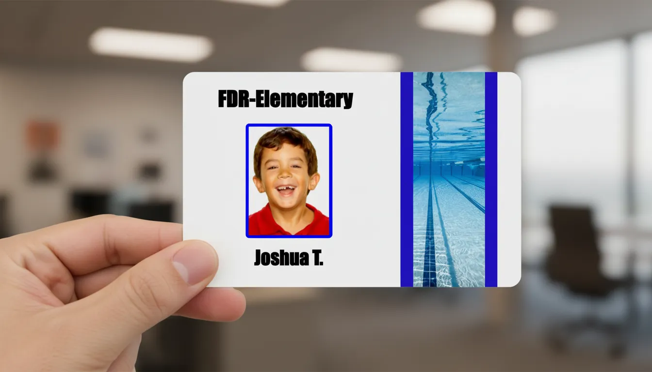 Custom elementary school  ID badge with blue and white design, featuring name, title, barcode, and company logo.