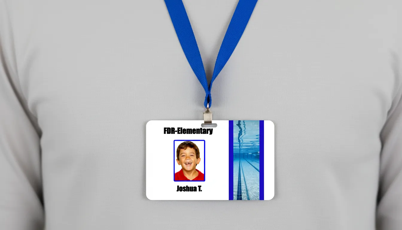 Custom elementary school ID badge with blue and white design, featuring logo area, name, title, and barcode.