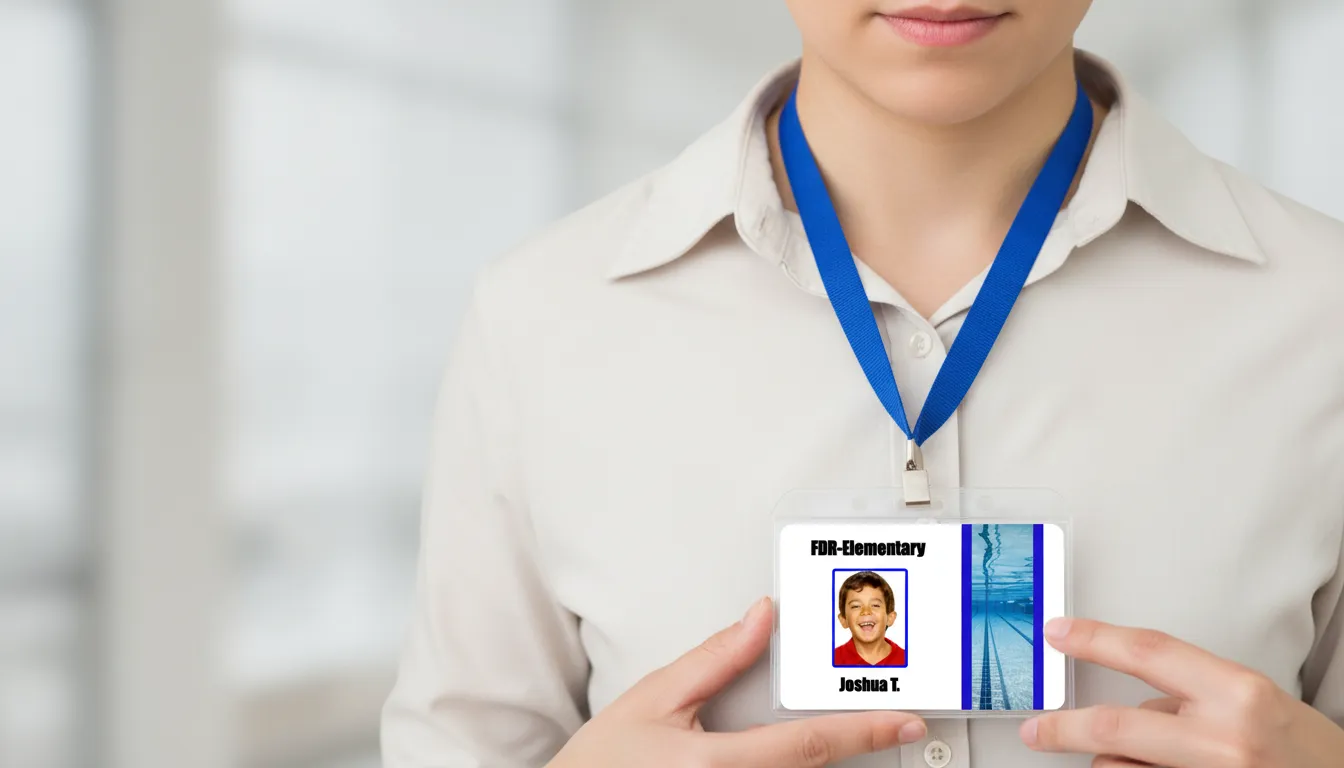 Custom elementary school ID card template with blue and white design, featuring photo area, name, and barcode.