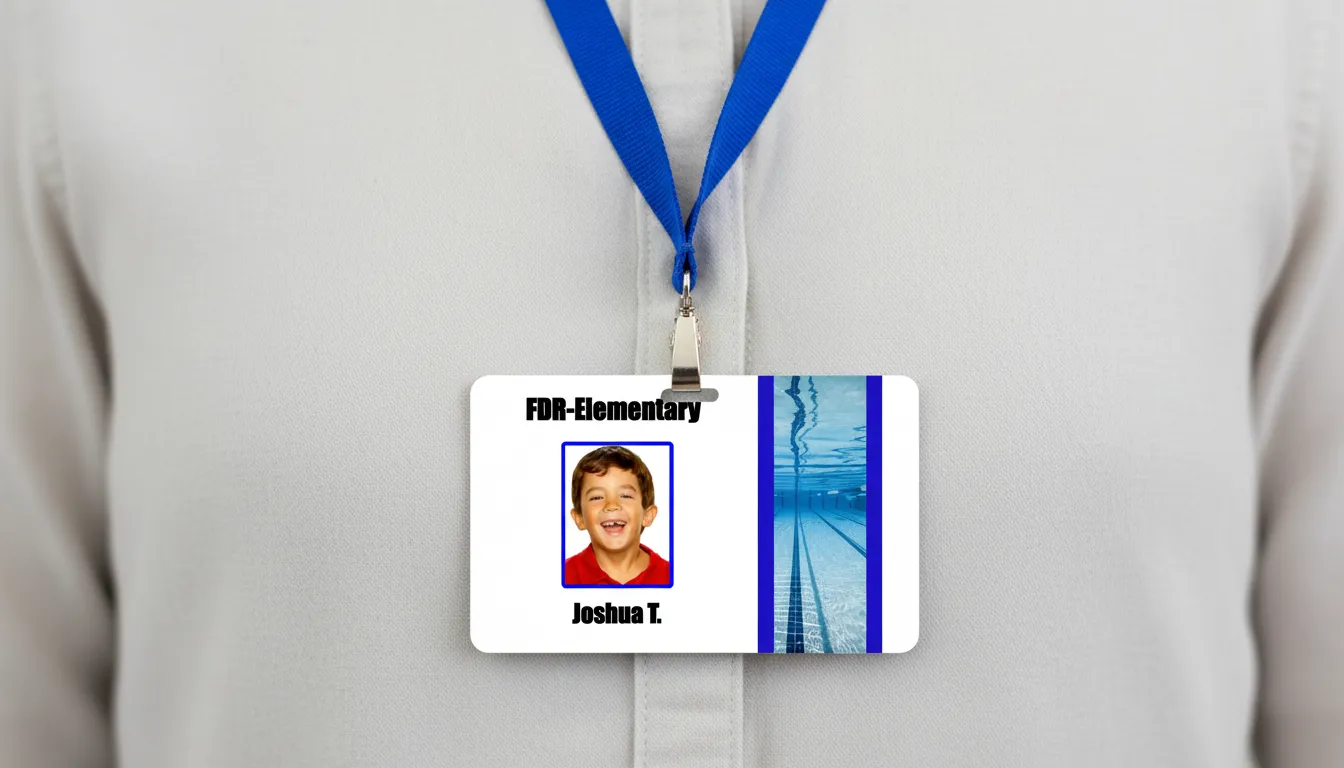 Durable elementary school ID card with blue and white design, featuring text fields and logo area.