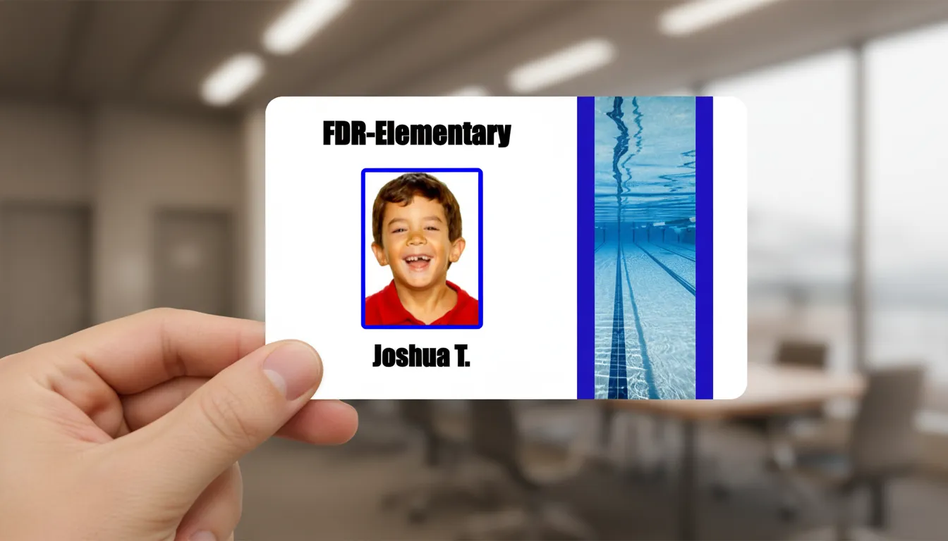 PVC elementary school  ID card template with blue and white color blocks, text fields, and photo placeholder.