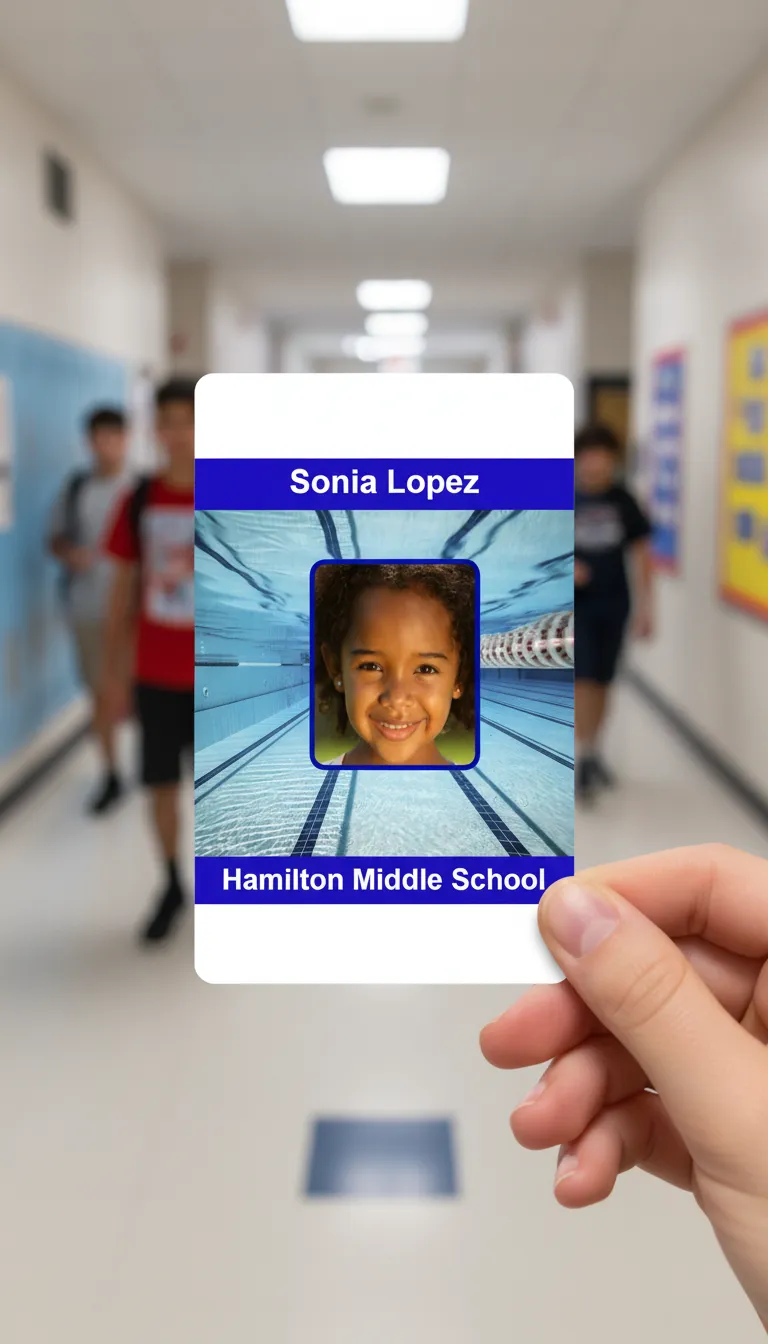 Durable school ID card with blue and white design, featuring text fields and a circular photo placeholder.