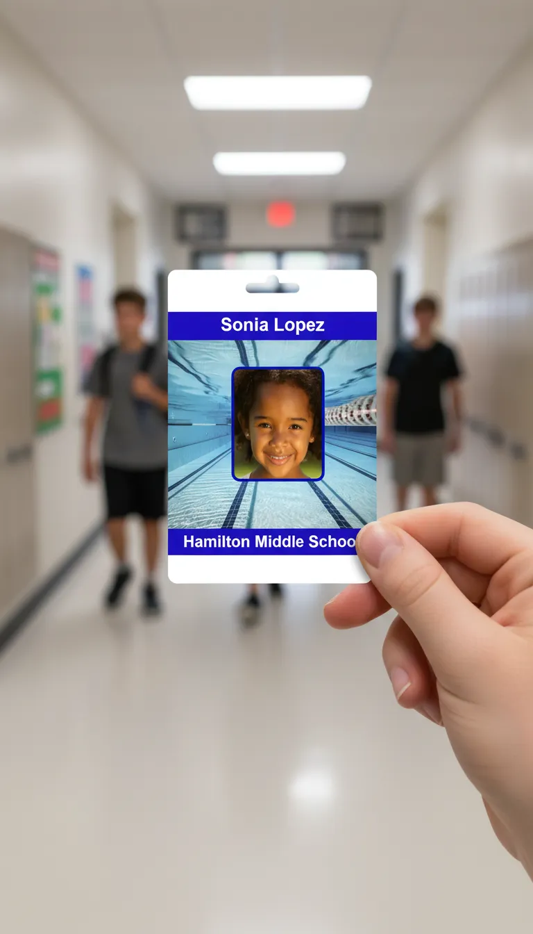 PVC school ID badge with blue and white design, featuring text fields and a circular logo area.