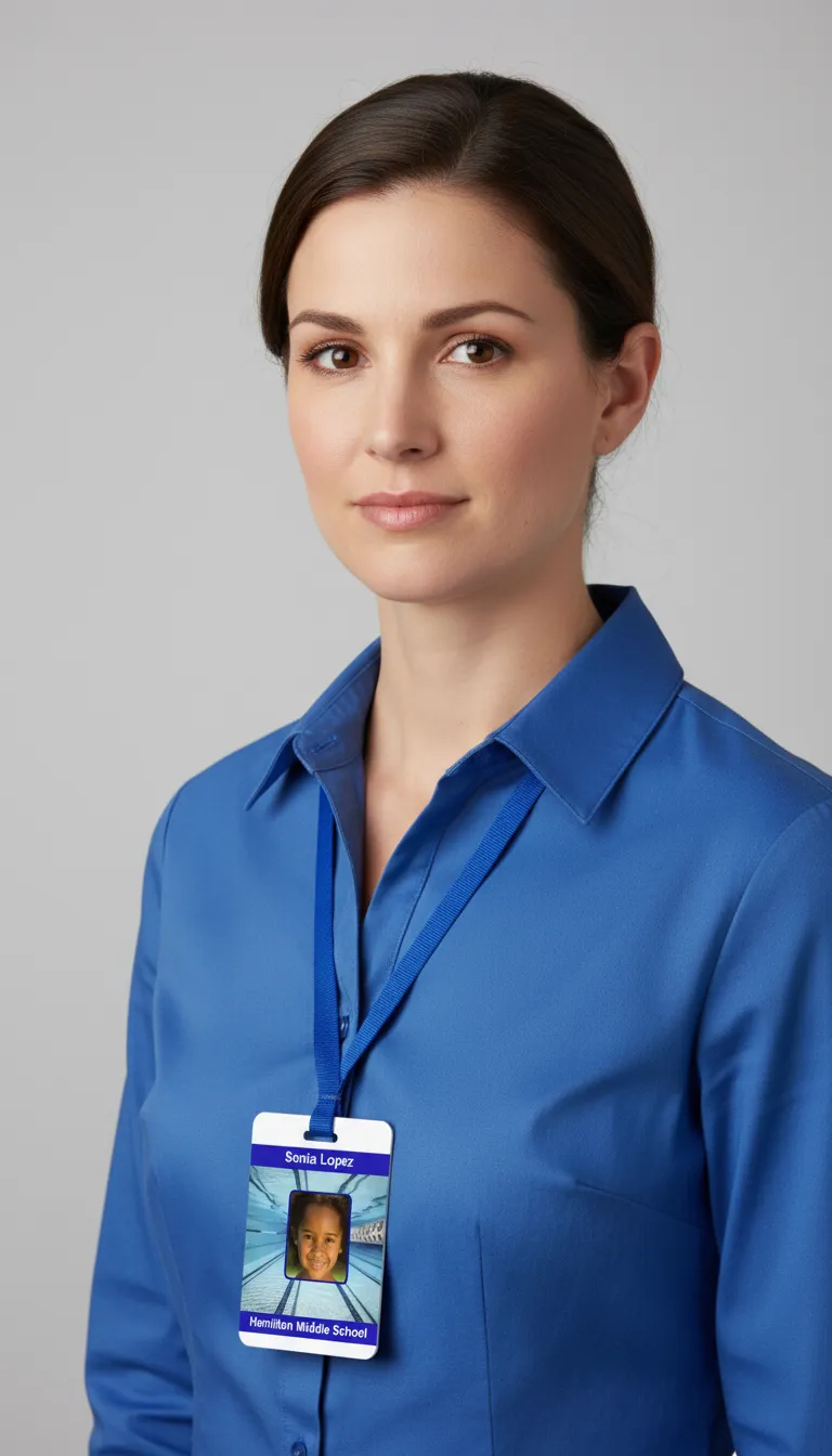 PVC school ID card template with blue and white design, company logo, name, and barcode visible.