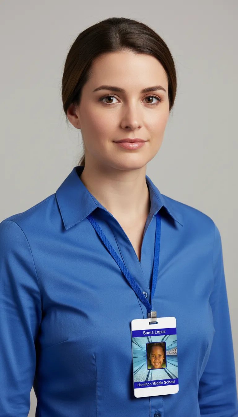 School  ID card with blue and white design, logo area, name, title, and barcode.
