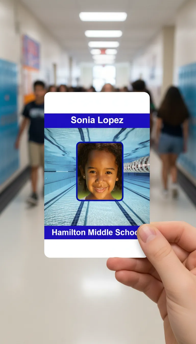 School ID card with blue and white design, featuring logo, text fields, and barcode.