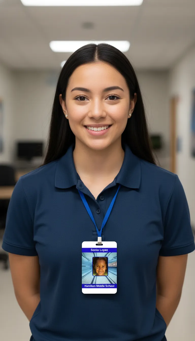 School ID card with blue and white design, logo area, name, title, and barcode.