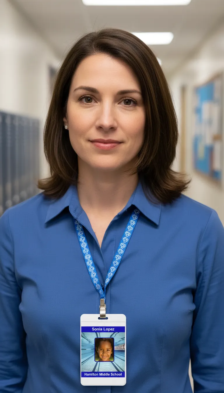 School ID card with holographic overlay, blue and white design, featuring text fields and barcode.