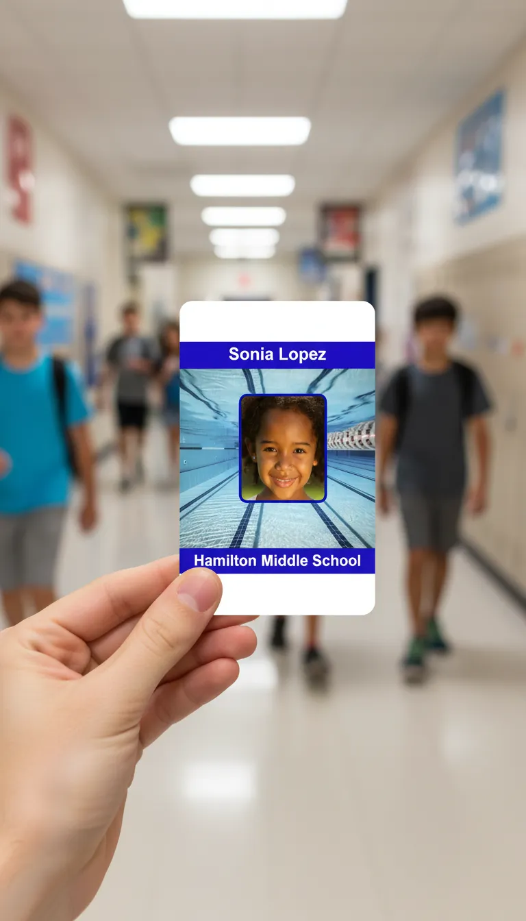 School photo ID card with blue and white design, logo area, name, title, and barcode.