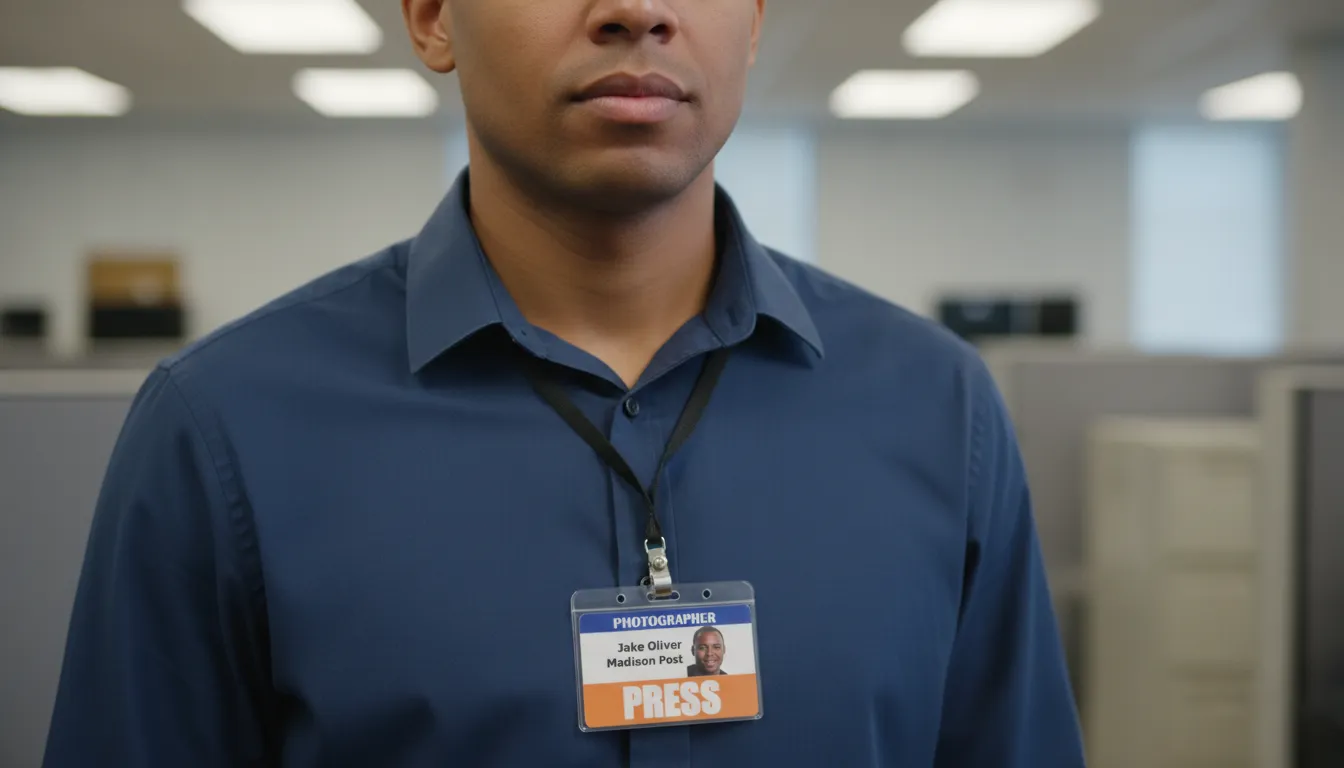 Custom photographer ID badge with blue and white design, featuring logo area, name, title, and barcode.