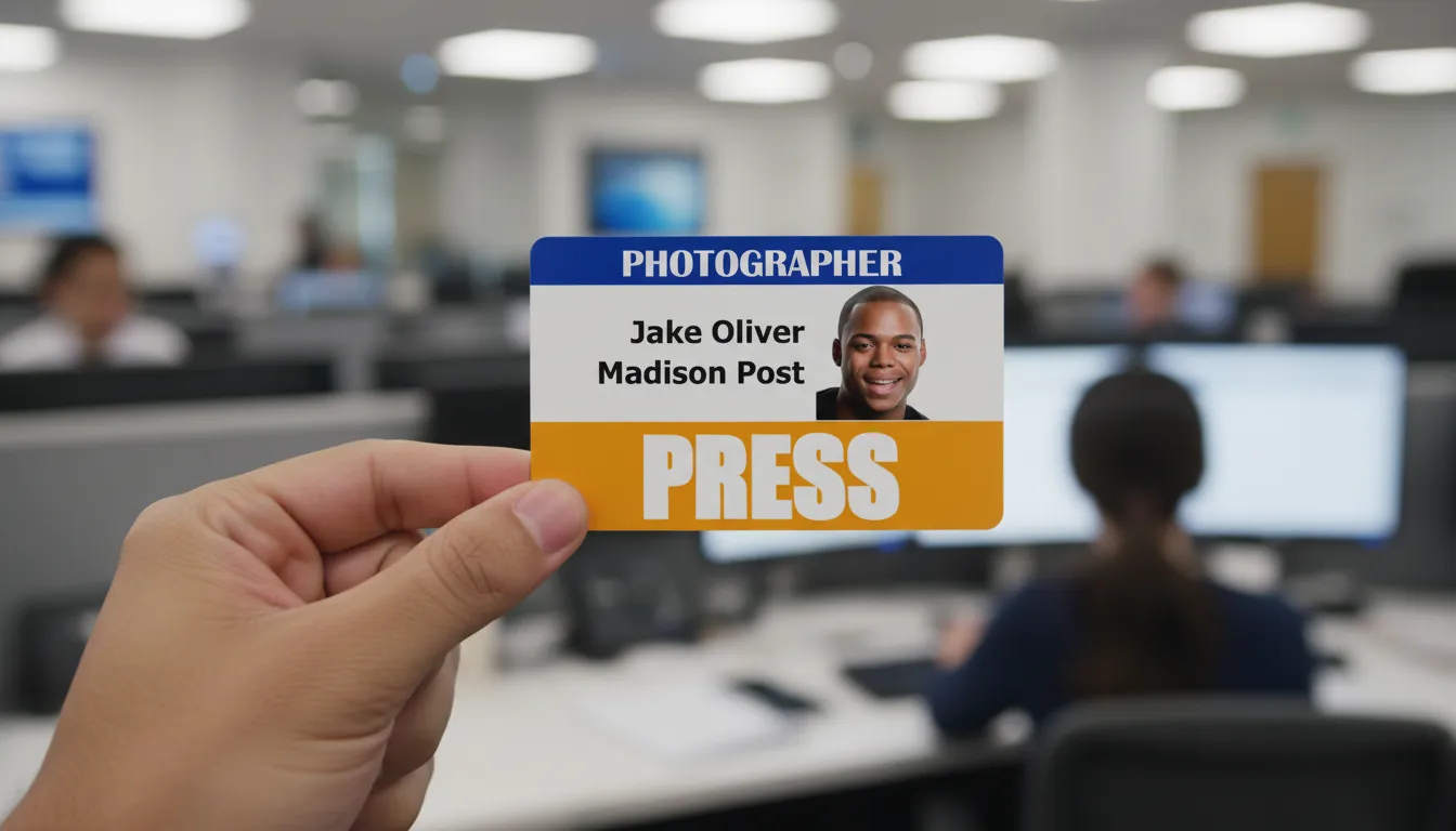 Custom photographer ID card template with blue and white color scheme, featuring text fields and logo area.