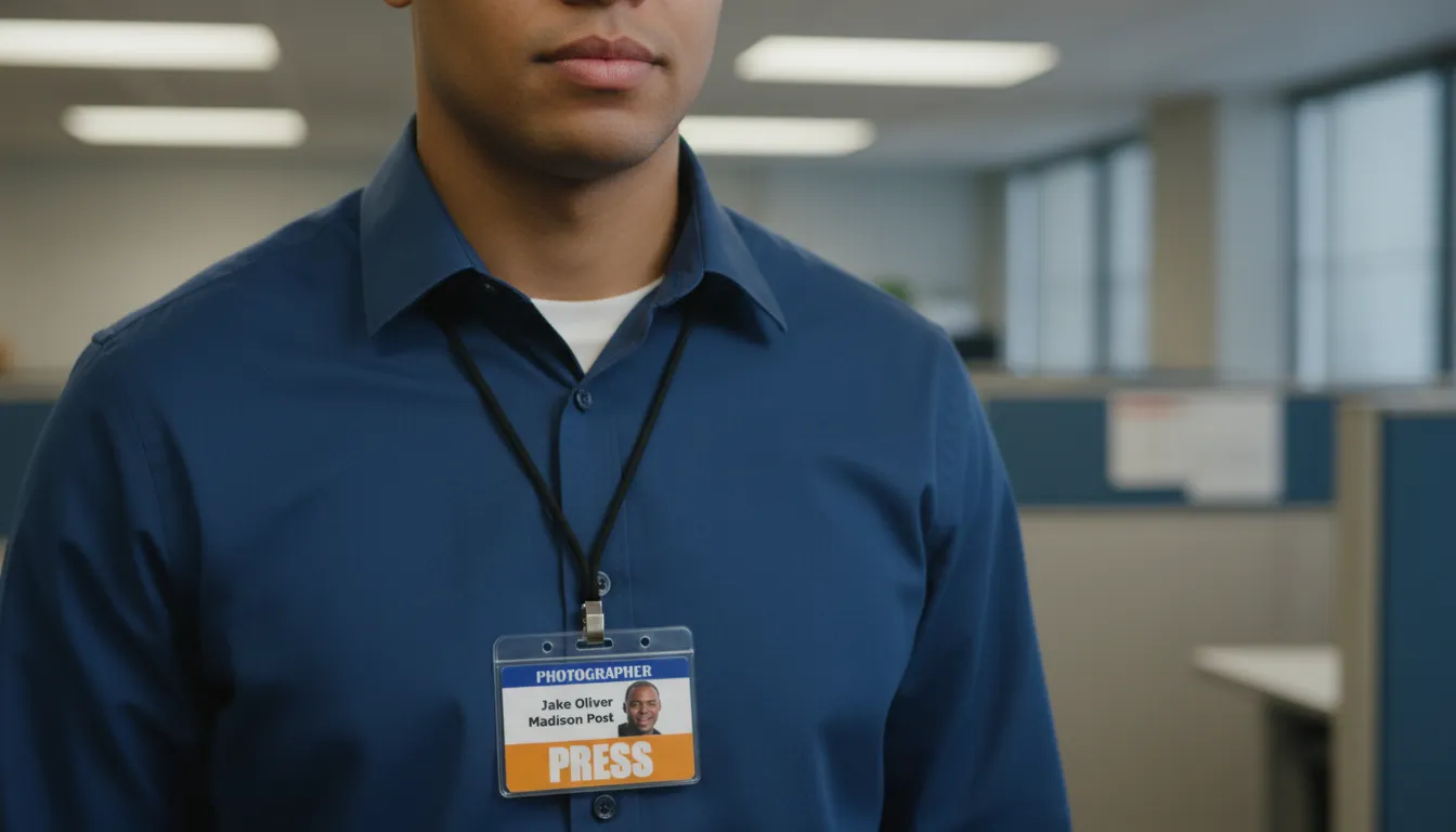 Custom photographer ID card with blue and white design, featuring logo, text fields, and barcode.