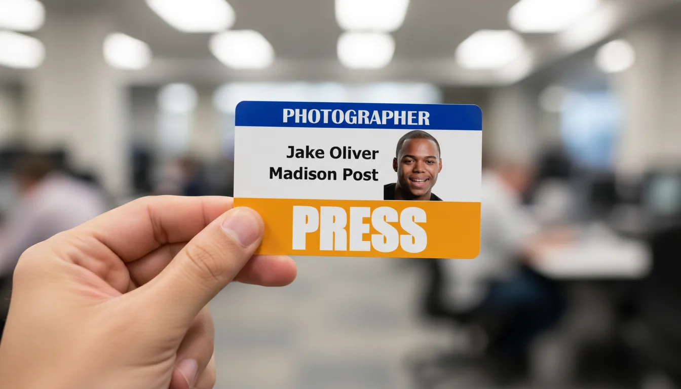 Photographer ID card with holographic overlay, blue and white design, featuring text fields and barcode.