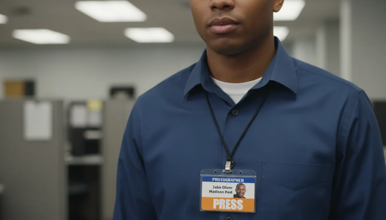 Professional photographer ID badge with blue and white design, featuring name, title, barcode, and company logo.