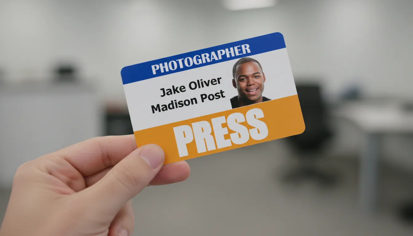 Professional photographer ID card with blue and white design, company logo, name, and barcode visible.
