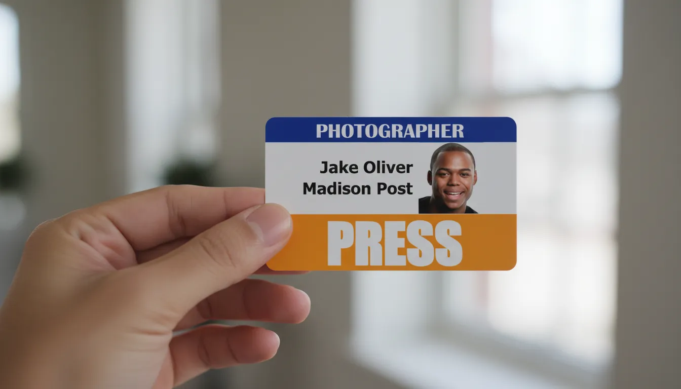 PVC photographer ID badge template with blue and white color blocks, logo area, and text fields.