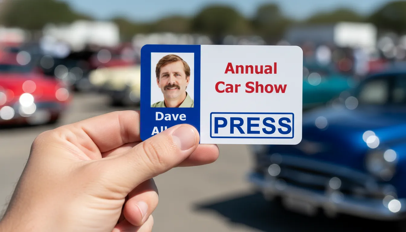 Custom press ID card template with blue, dark orange and white color blocks, logo area, and text fields.