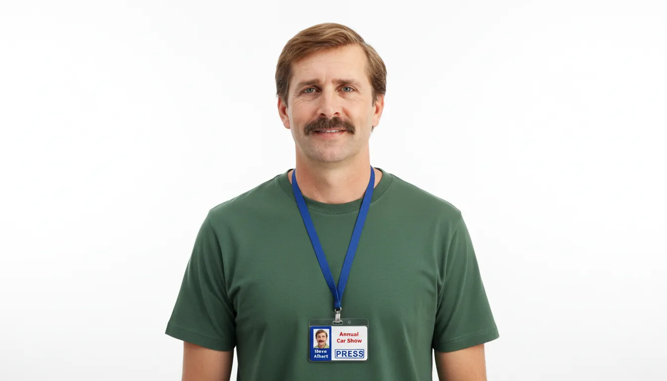 Durable press ID card with blue, dark orange and white design, featuring text fields and a circular logo area.