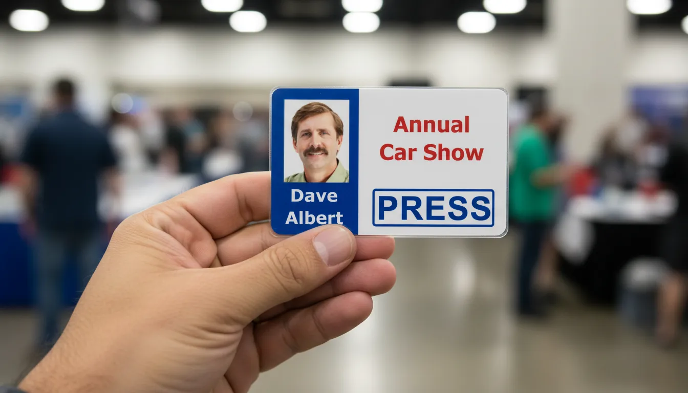 Press ID card with holographic overlay, blue, dark orange and white design, featuring text fields and barcode.