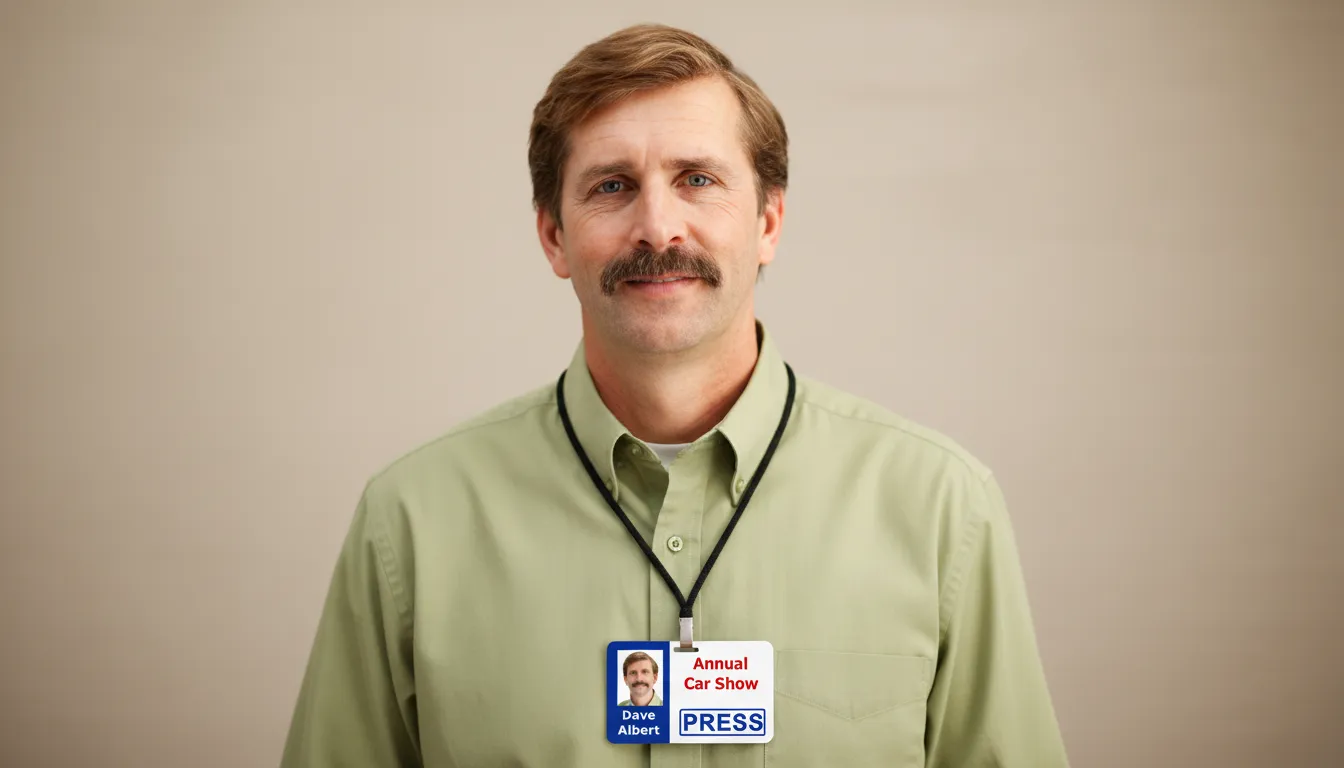 Professional press ID card with blue, dark orange and white design, logo area, name, title, and barcode.