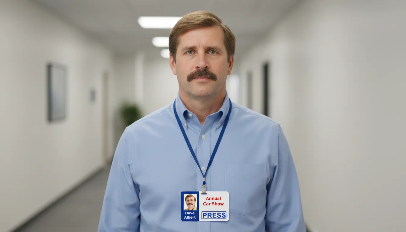 Professional press ID card with blue, orange and white design, logo area, name, title, and barcode.