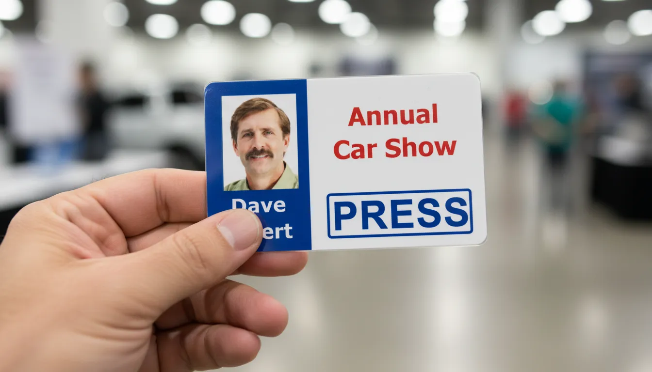 PVC press ID badge template with blue, dark orange and white color blocks, company logo, and text fields.