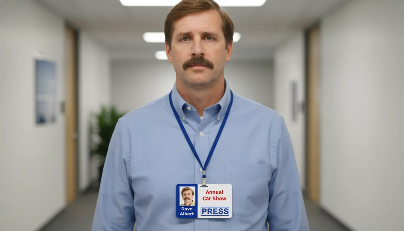 PVC press ID badge template with blue, dark orange and white color blocks, logo area, and text fields.