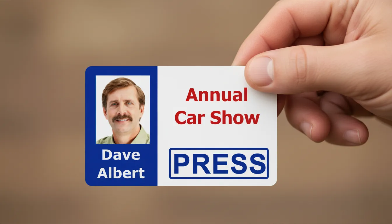 PVC press ID card template with blue, dark orange and white color blocks, featuring text fields and logo area.