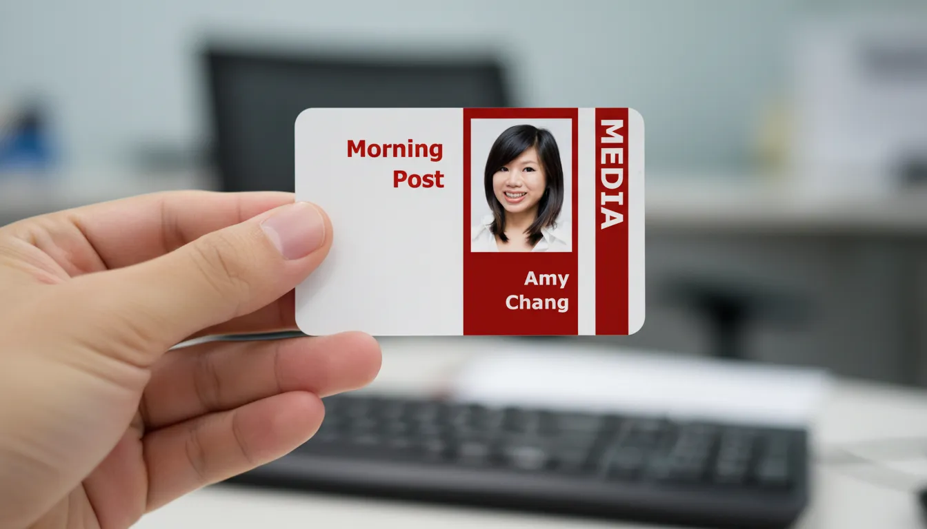 Custom media ID card with brown and white design, logo area, name, title, barcode, and contact details.