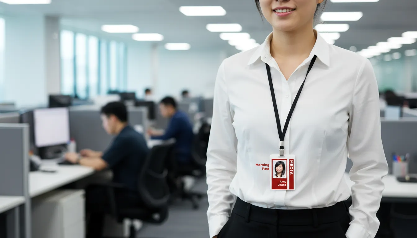 Professional media ID badge with brown and white design, company logo, name, title, and barcode.