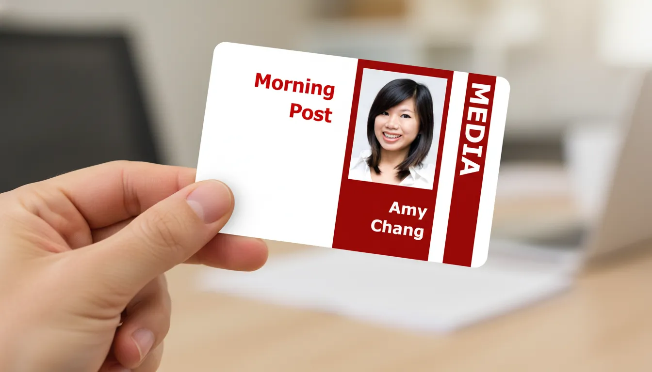 Professional media ID badge with brown and white design, featuring name, title, barcode, and company logo.