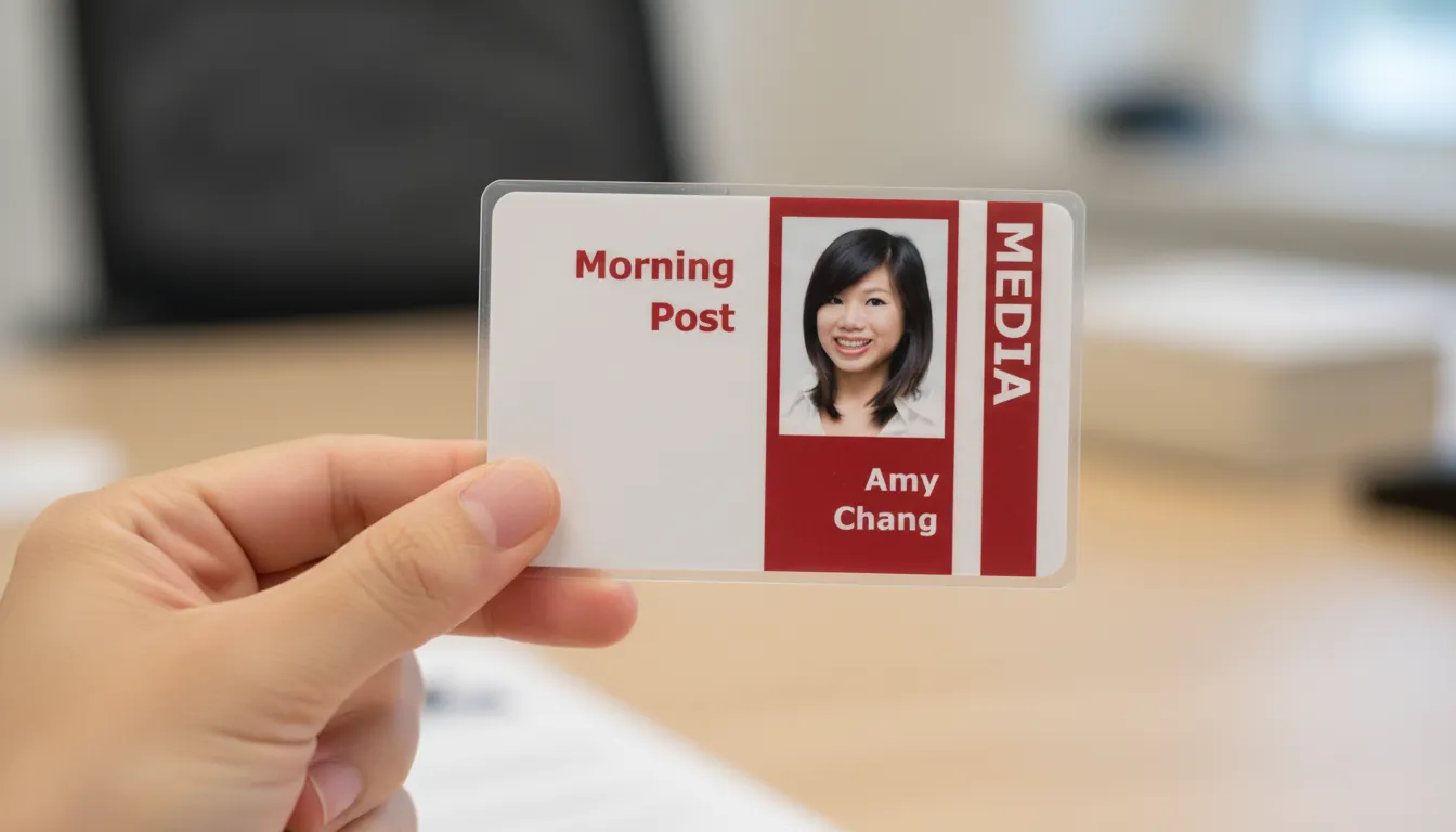 Professional media ID card template with brown and white color scheme, featuring name, title, and barcode.