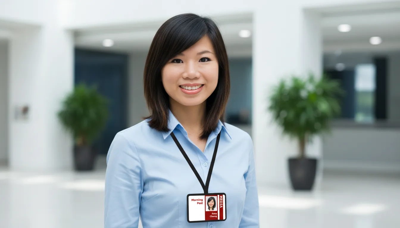 Professional media ID card with brown and white design, company logo, name, and barcode displayed.