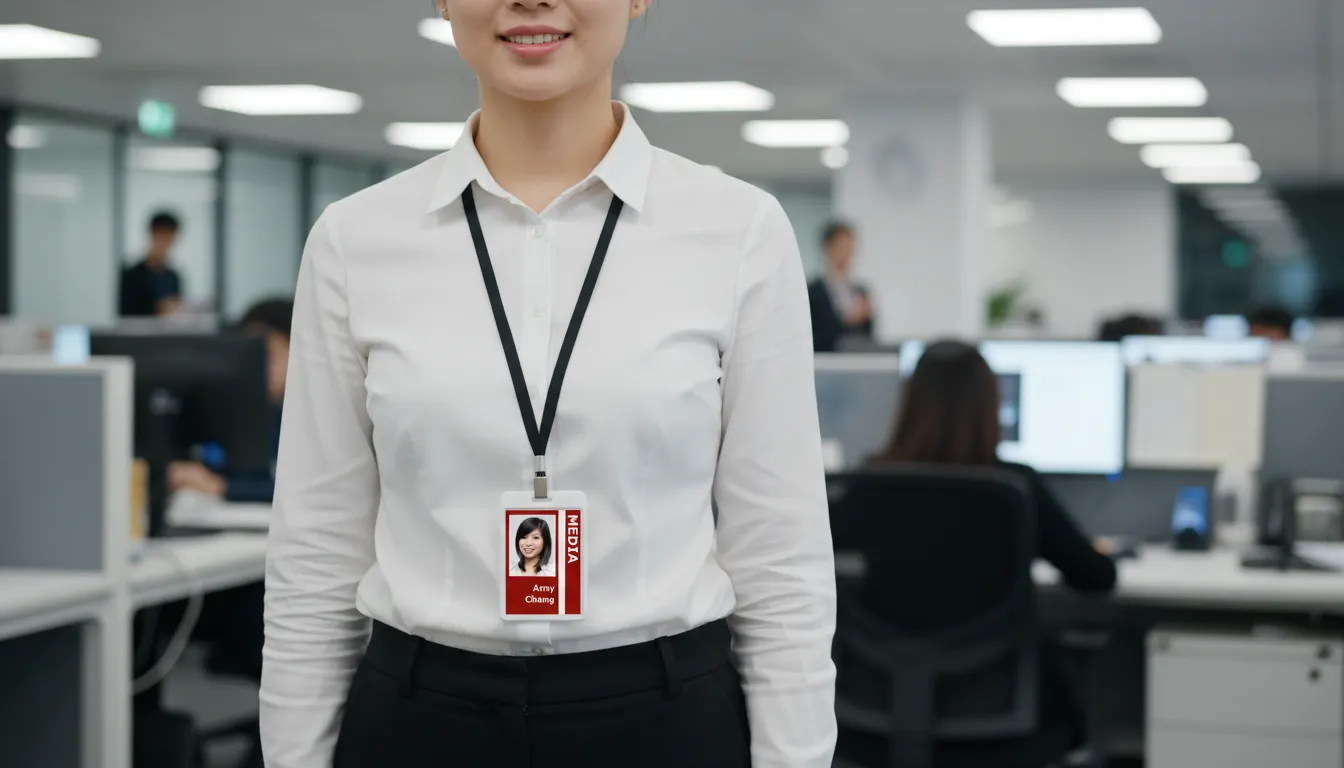 PVC media ID card template with brown and white color blocks, logo area, and text fields.
