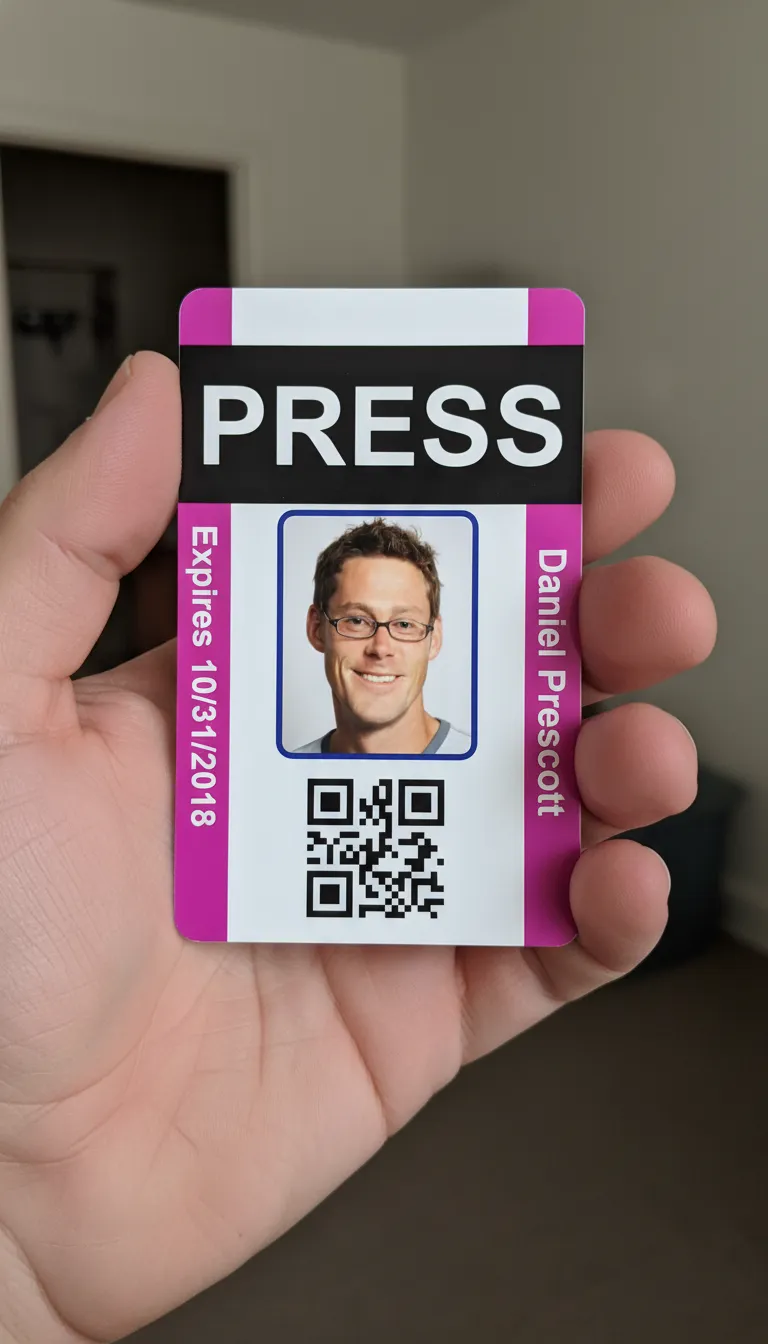 Custom press ID card template with blue and white color blocks, featuring text fields and logo area.