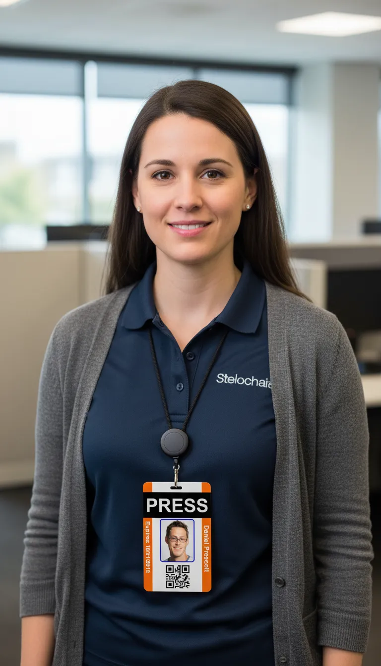 Durable press ID card with blue and white design, featuring logo, name, title, and barcode.