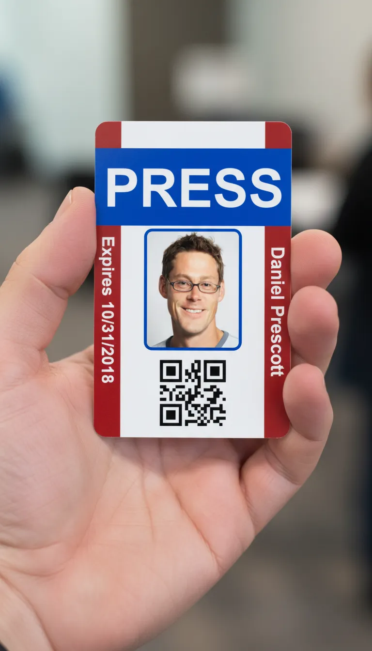 Professional press ID badge with blue, brown and white design, featuring name, title, barcode, and company logo.
