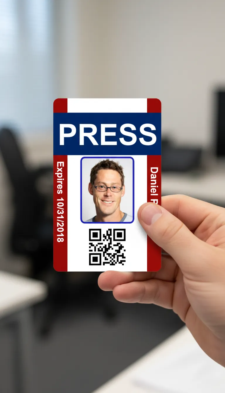 Professional press ID card with blue and white design, company logo, name, title, and barcode.